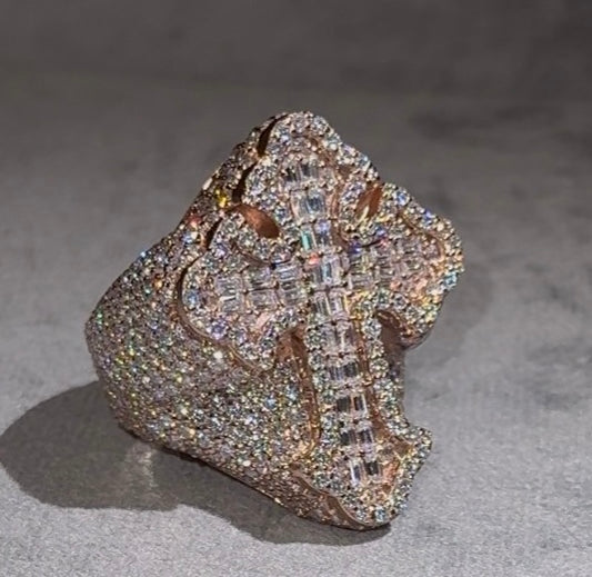 18K Rose Gold Coated VVS Round & Baguette Diamond Chrome Ring